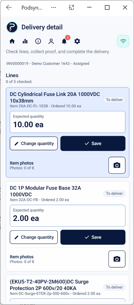 WMSync mobile app showing item lines and quantity capture.