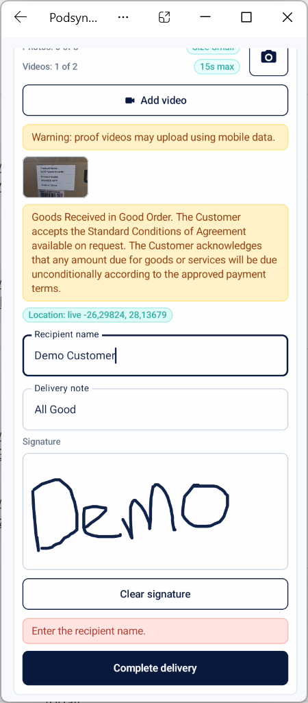 WMSync mobile app showing recipient details and sign-off capture.