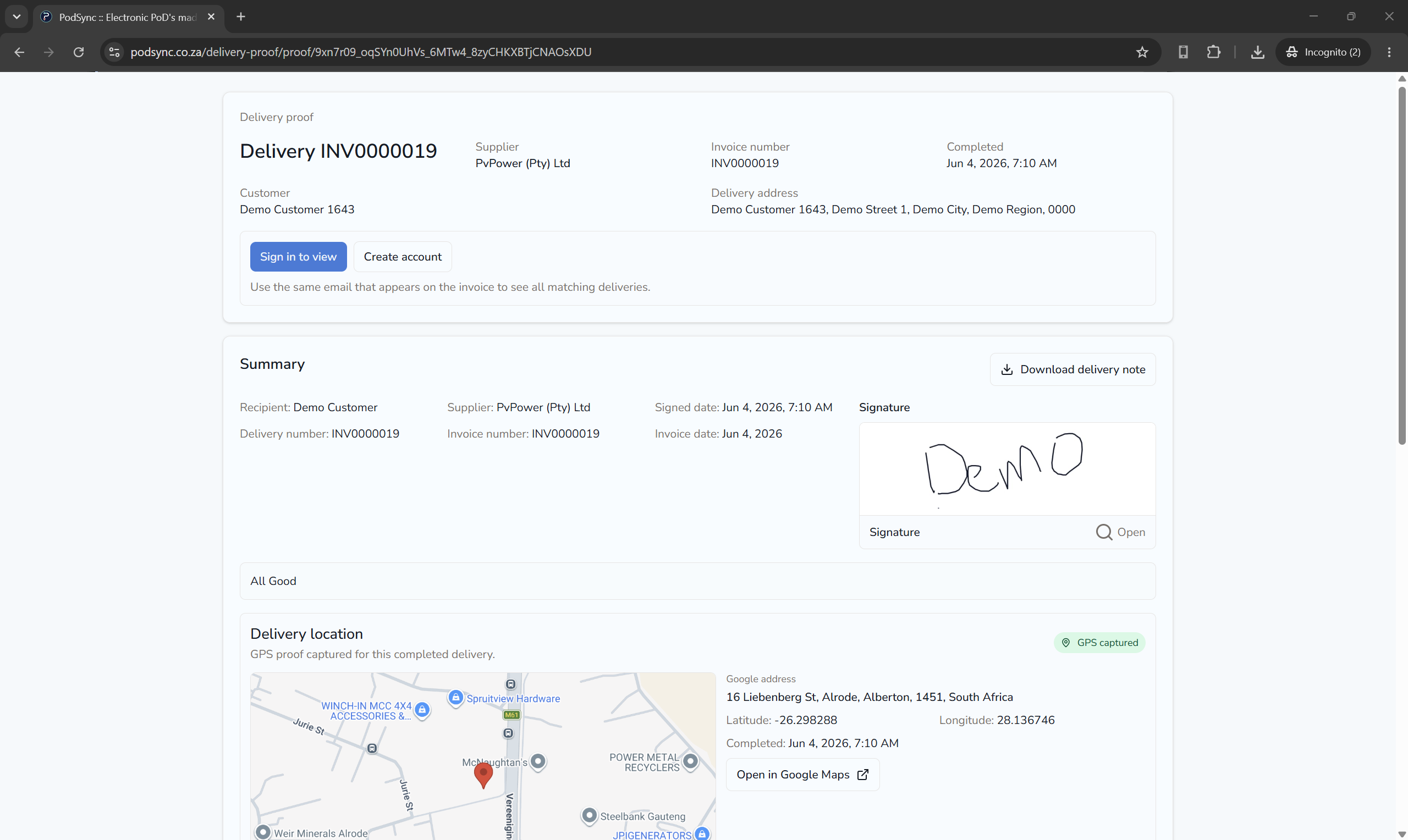 WMSync proof detail page showing signature, map, and work summary.