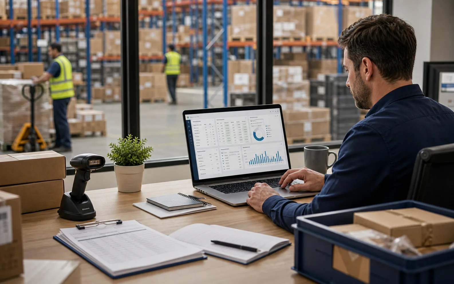 Warehouse office with accounting dashboard and stock records.