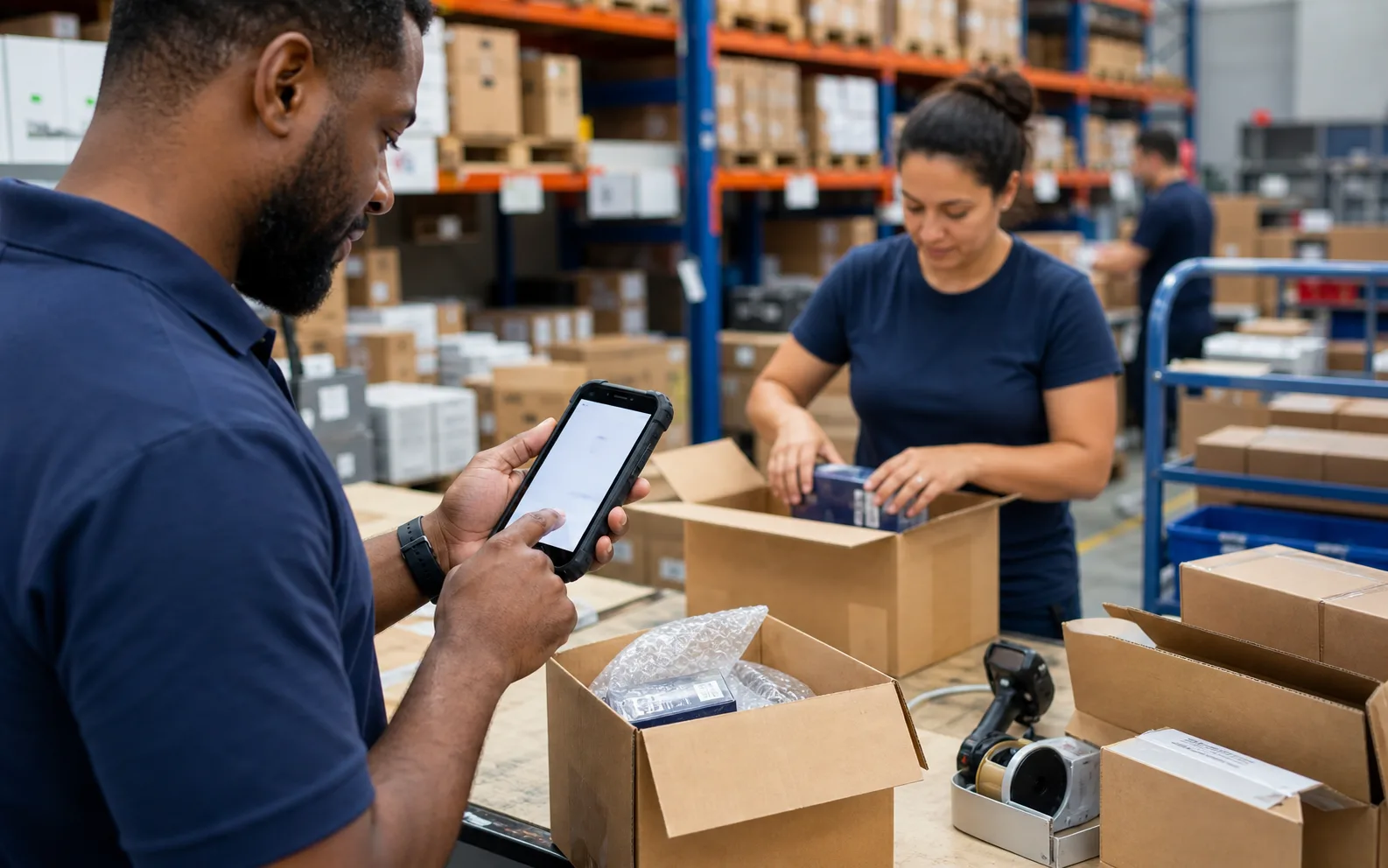 Customer signing off completed warehouse work in the WMSync Android app.