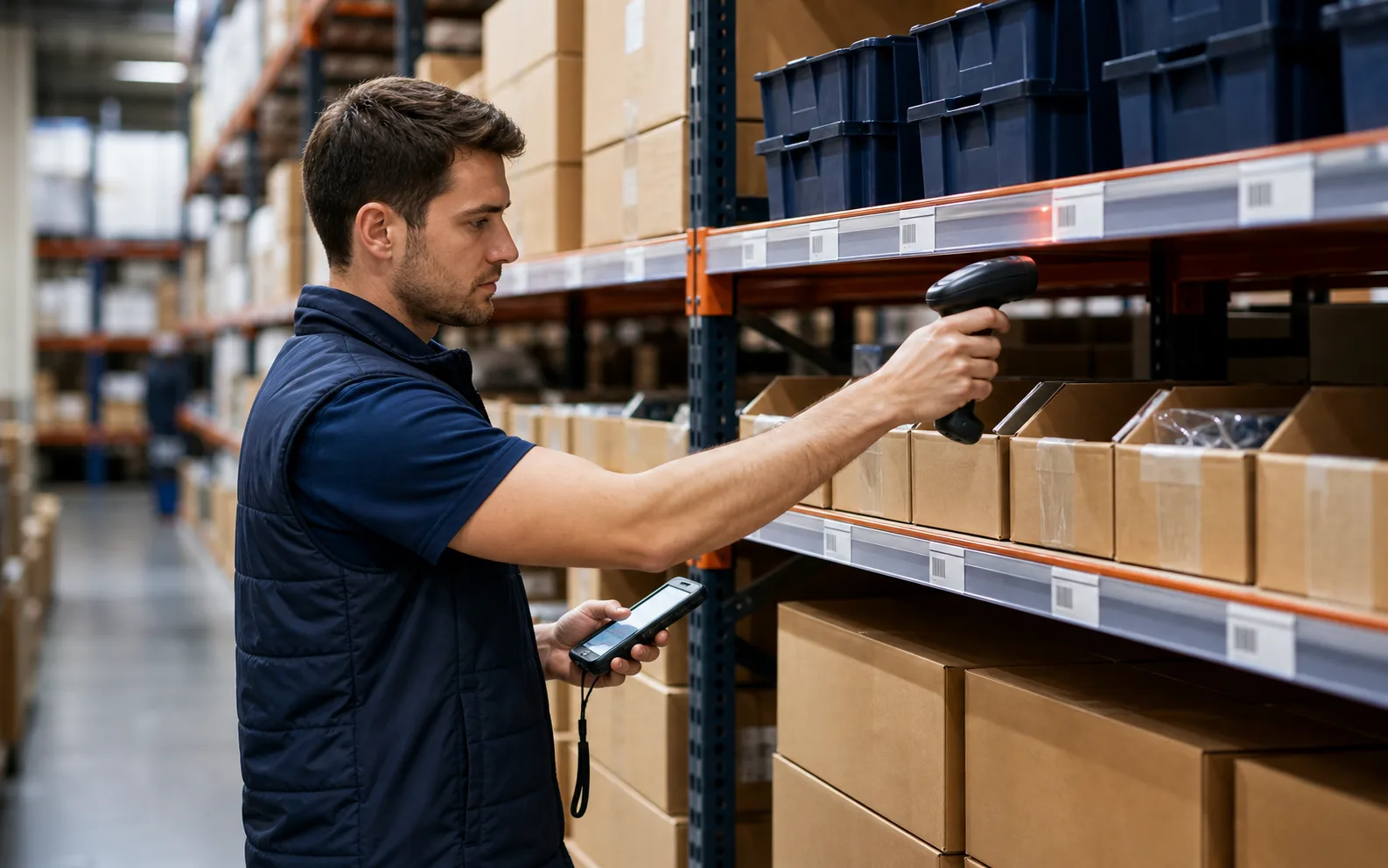 Warehouse worker scanning stock on a shelf with bins and boxes.
