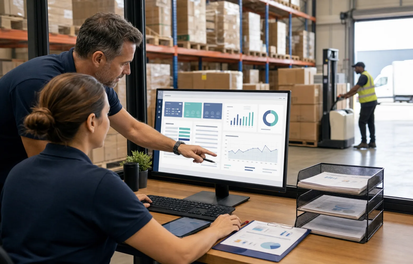 Warehouse dashboard showing operational status and stock movement charts.