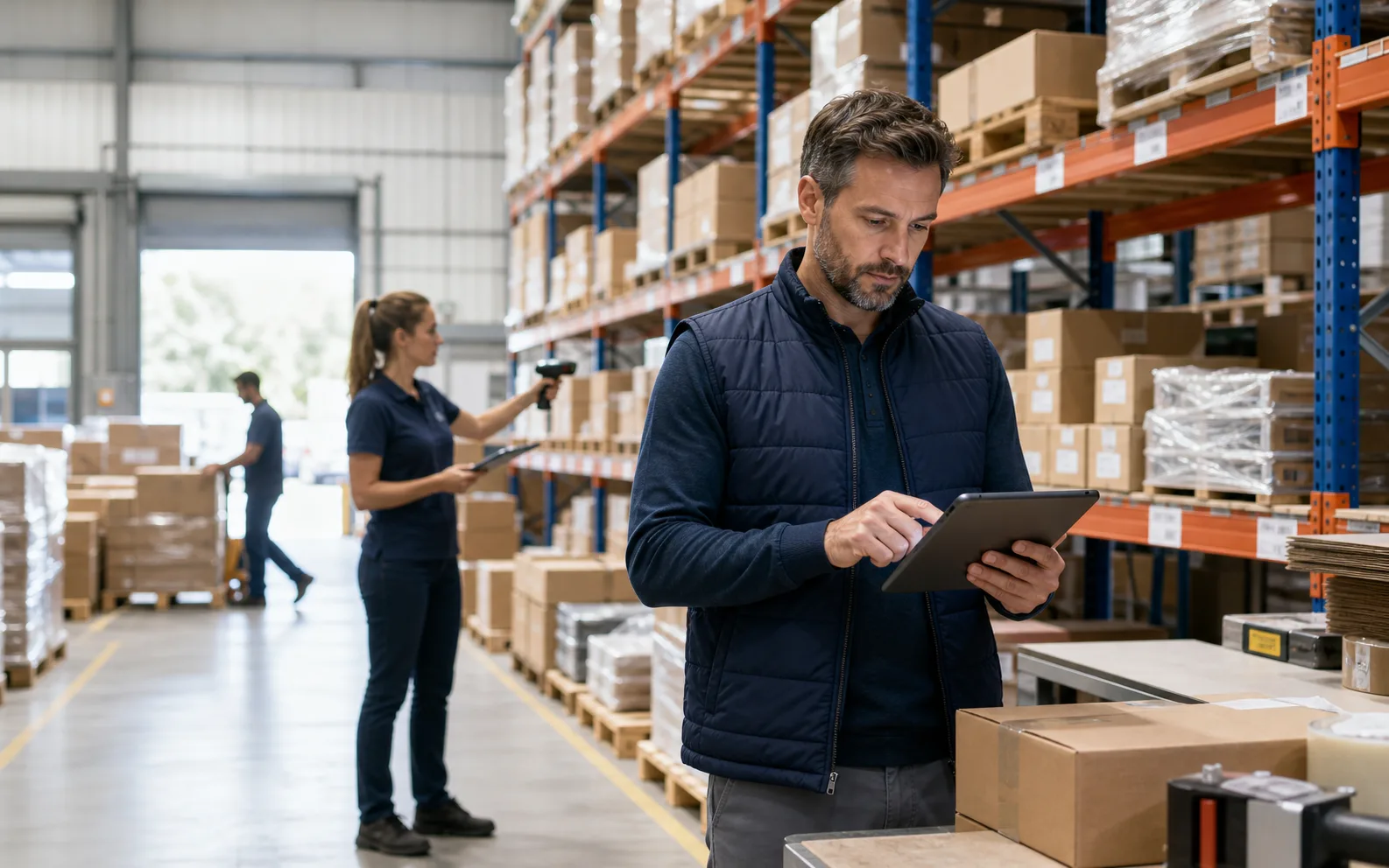 Warehouse supervisor reviewing stock movement on a tablet while the team scans items.